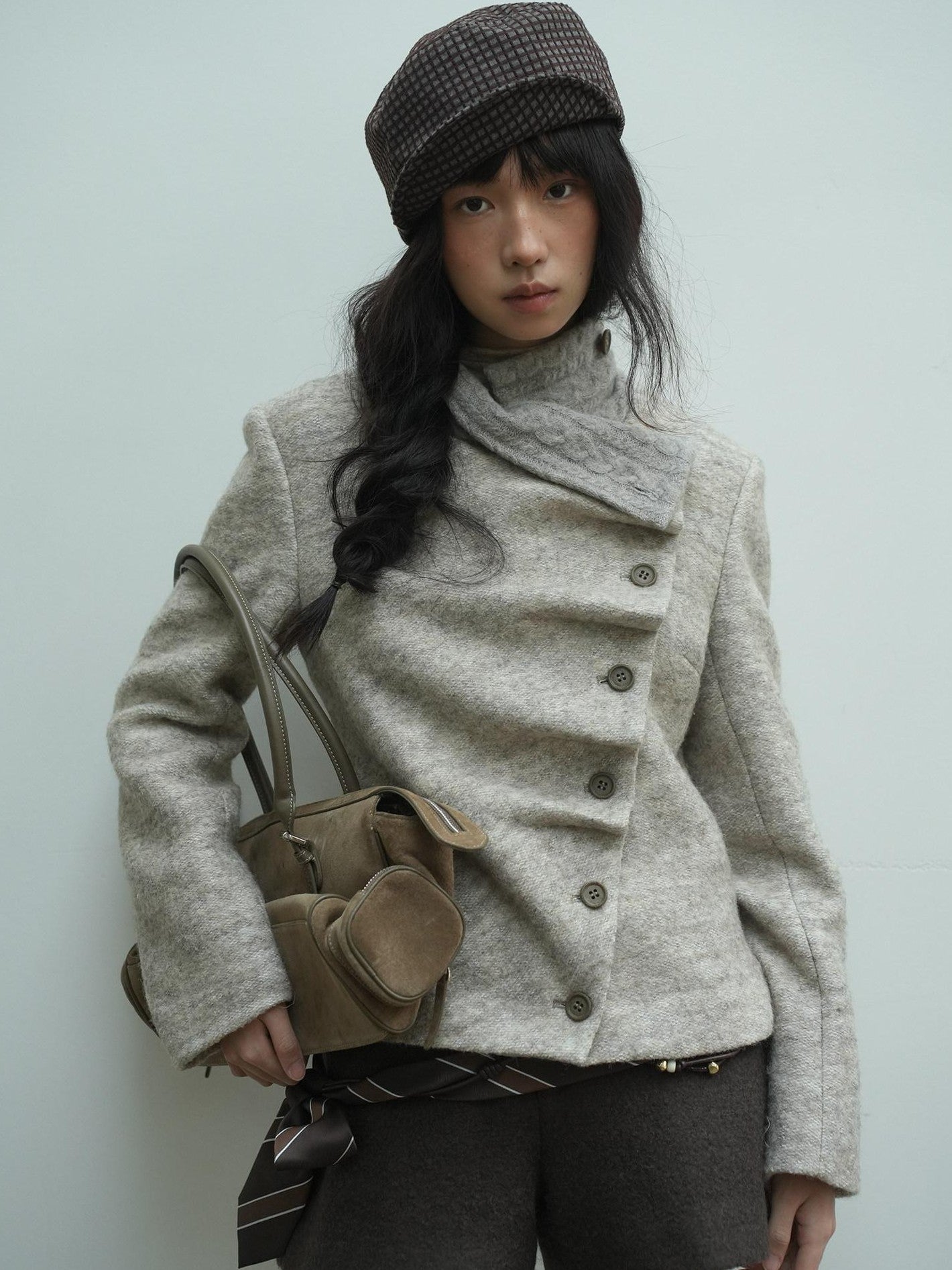 Dorydory Oatmeal Knitted Collar Patchwork Asymmetric Placket Women&