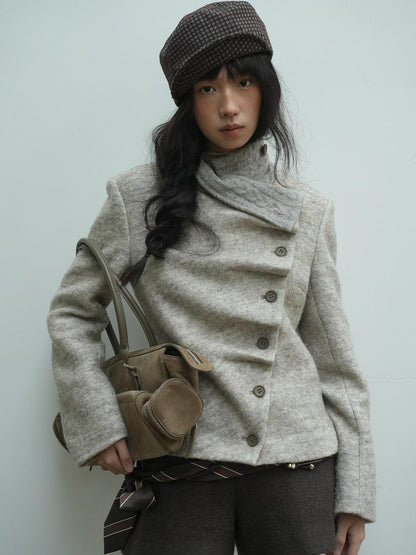 Dorydory Oatmeal Knitted Collar Patchwork Asymmetric Placket Women&