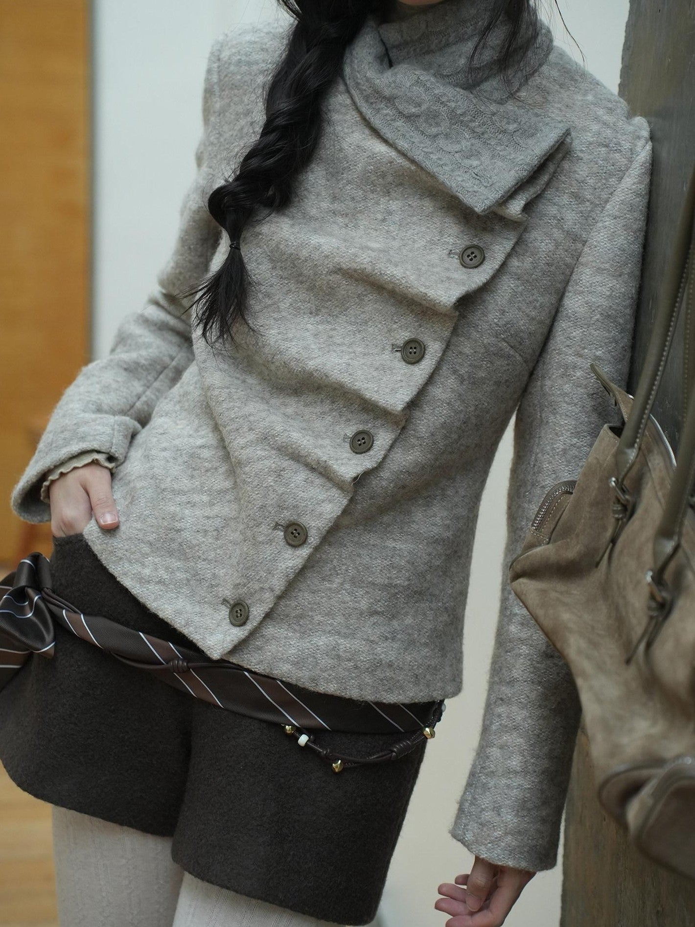 Dorydory Oatmeal Knitted Collar Patchwork Asymmetric Placket Women&