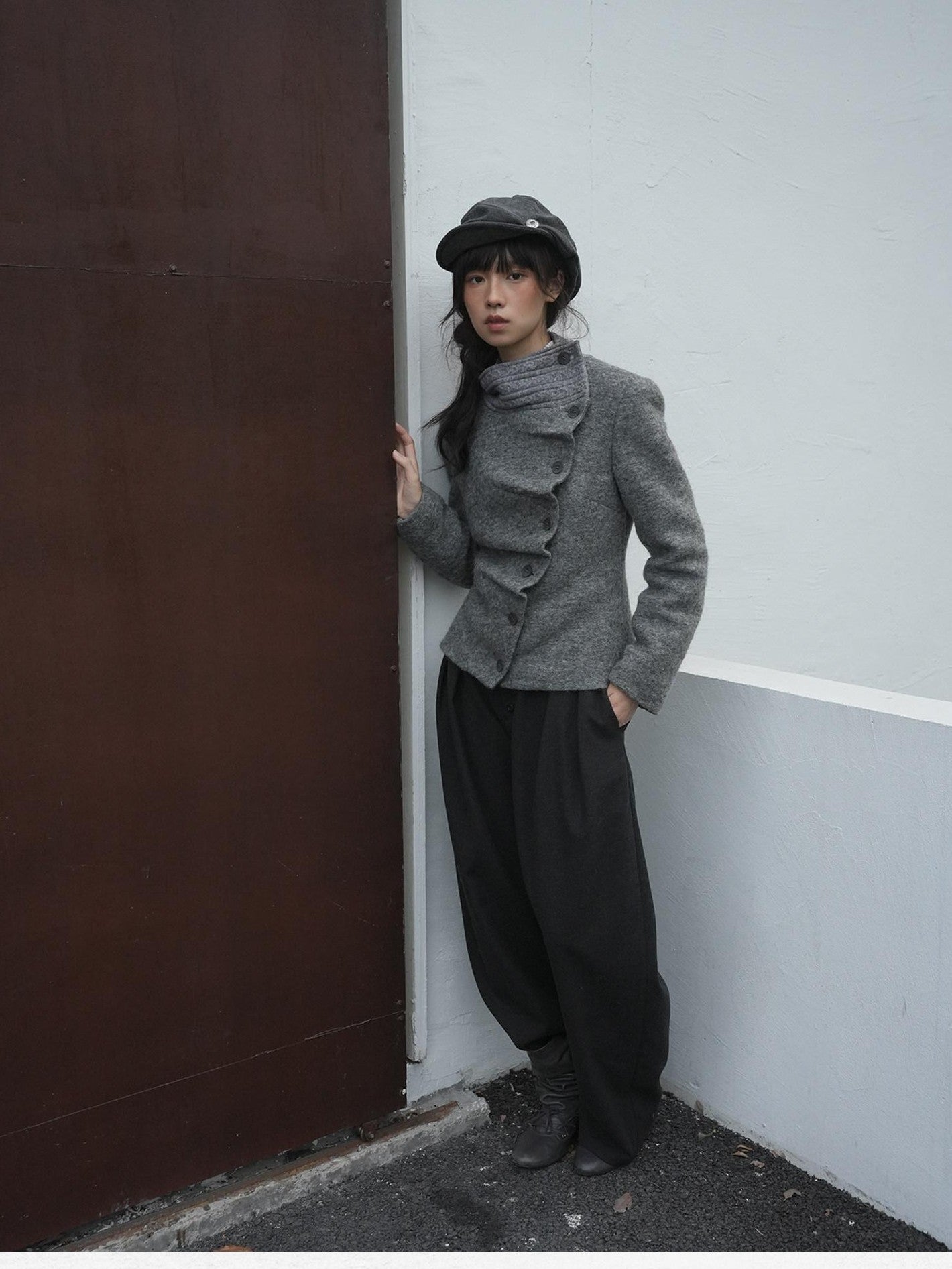 Dorydory Oatmeal Knitted Collar Patchwork Asymmetric Placket Women&