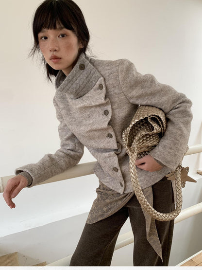 Dorydory Oatmeal Knitted Collar Patchwork Asymmetric Placket Women&