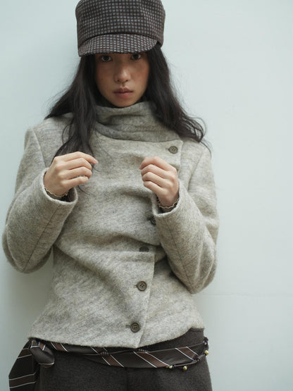 Dorydory Oatmeal Knitted Collar Patchwork Asymmetric Placket Women&