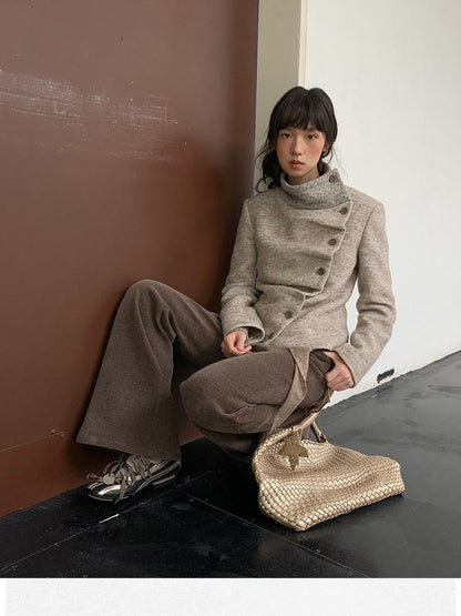 Dorydory Oatmeal Knitted Collar Patchwork Asymmetric Placket Women&