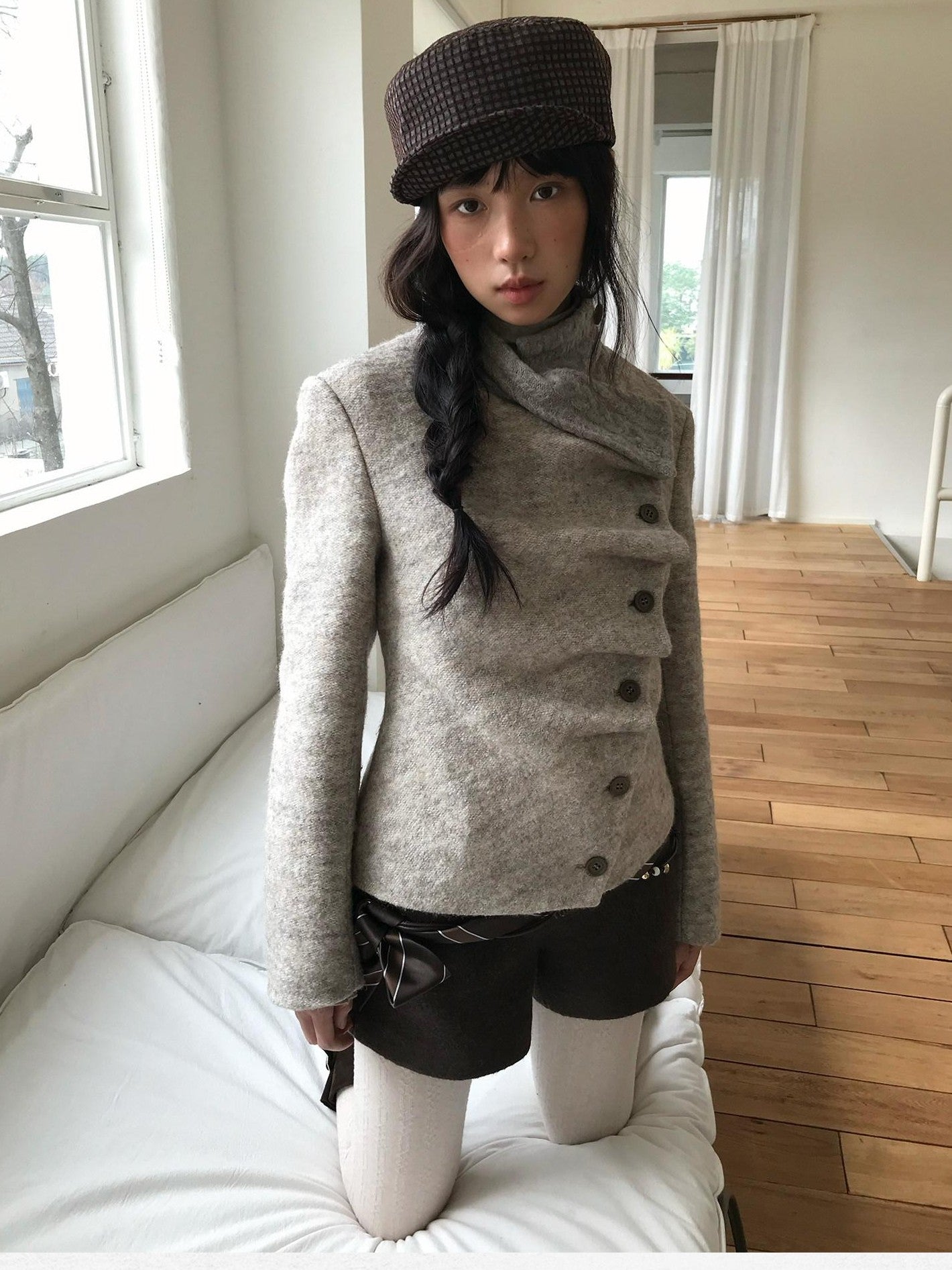 Dorydory Oatmeal Knitted Collar Patchwork Asymmetric Placket Women&
