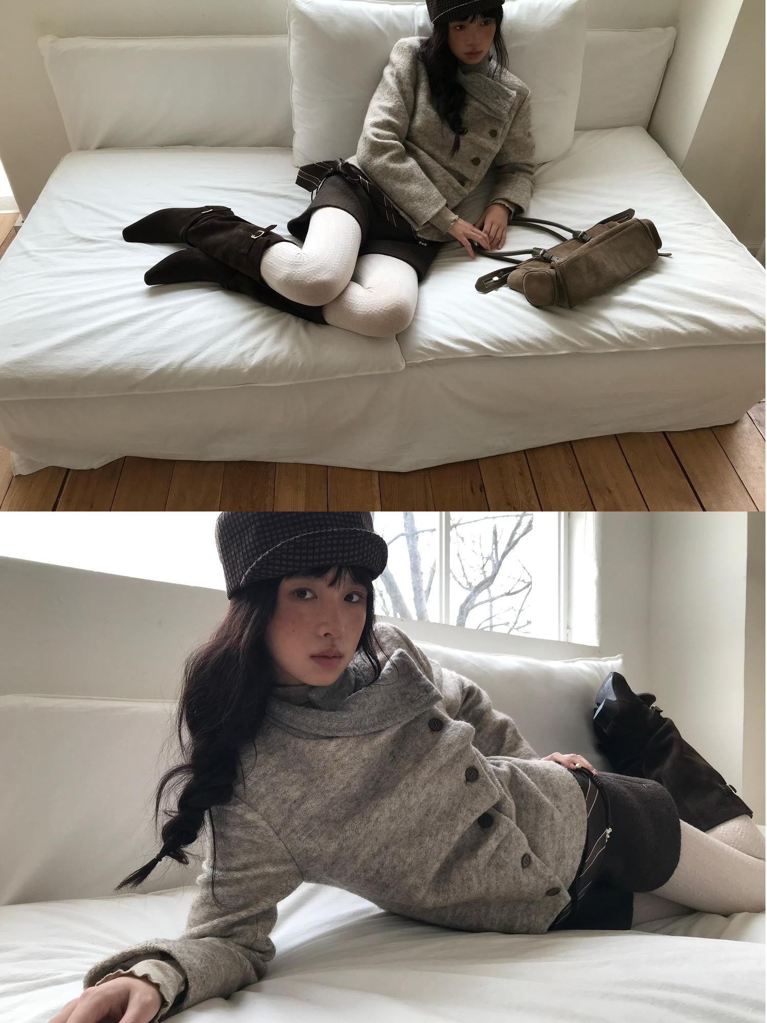 Dorydory Oatmeal Knitted Collar Patchwork Asymmetric Placket Women&