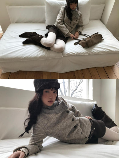 Dorydory Oatmeal Knitted Collar Patchwork Asymmetric Placket Women&