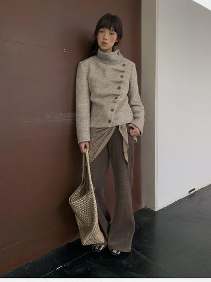 Dorydory Oatmeal Knitted Collar Patchwork Asymmetric Placket Women&