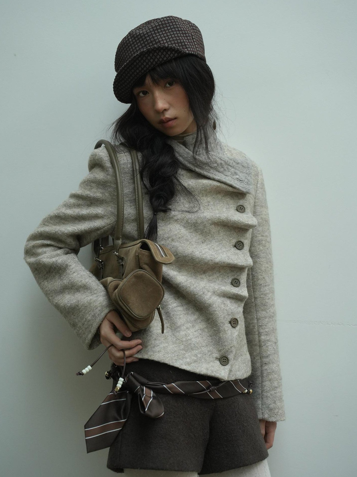 Dorydory Oatmeal Knitted Collar Patchwork Asymmetric Placket Women&