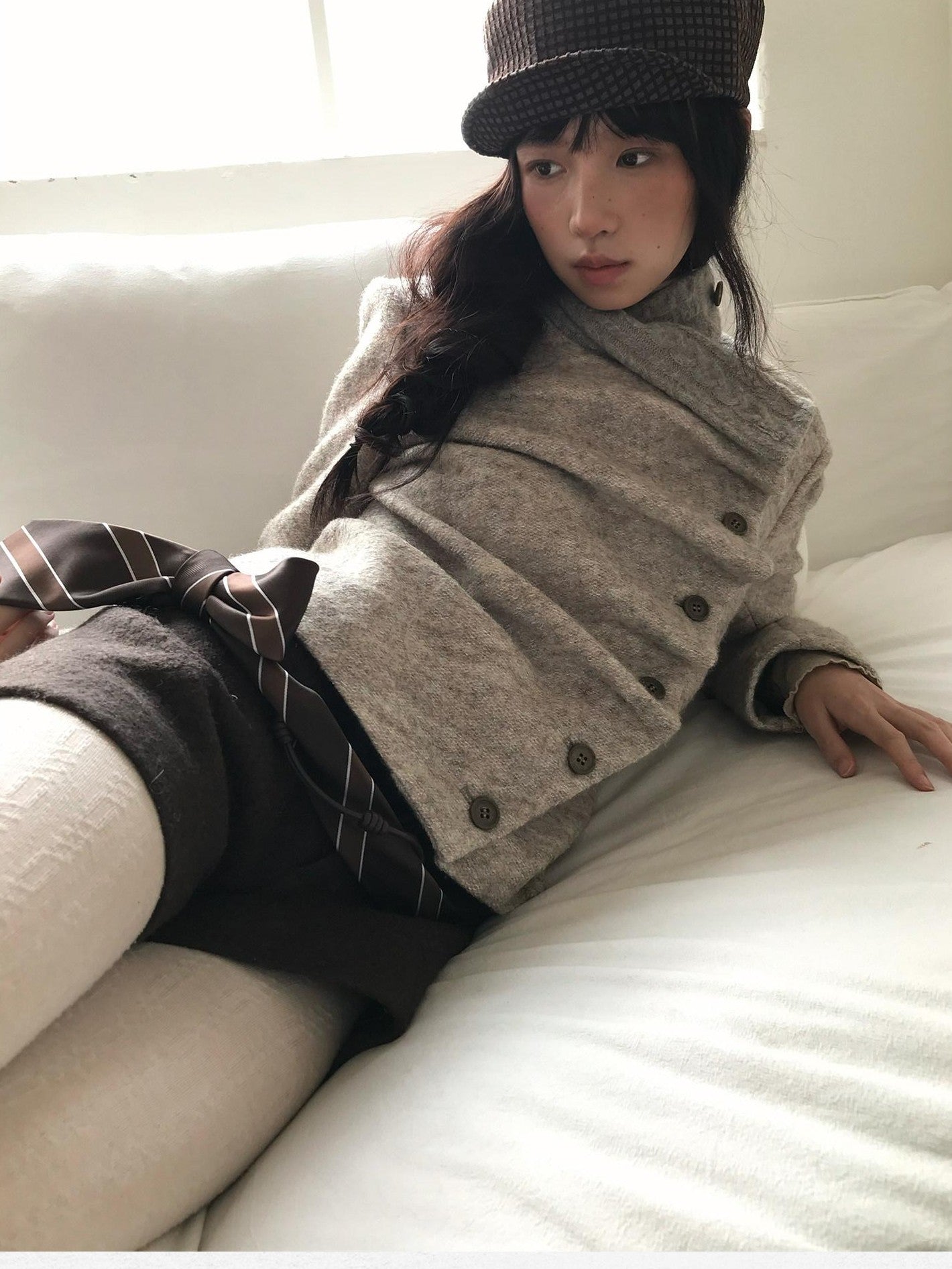 Dorydory Oatmeal Knitted Collar Patchwork Asymmetric Placket Women&