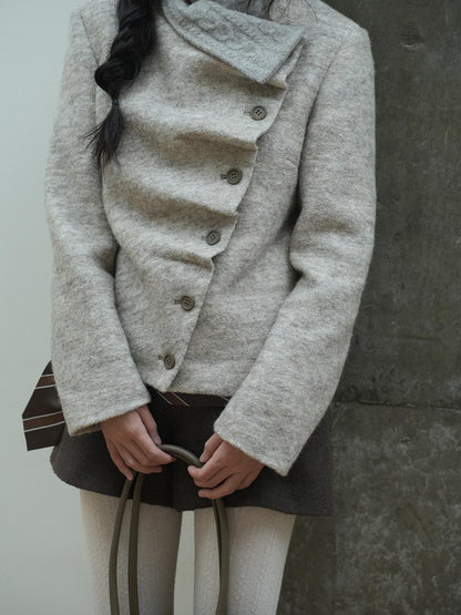 Dorydory Oatmeal Knitted Collar Patchwork Asymmetric Placket Women&