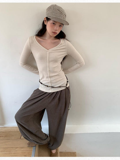 Dorydory Oatmeal V-neck Ribbed Slim Fit Women&