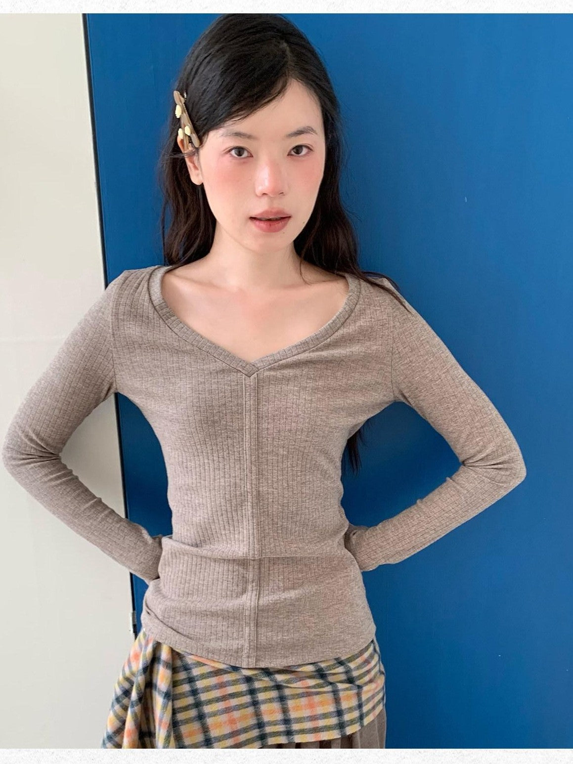 Dorydory Oatmeal V-neck Ribbed Slim Fit Women&