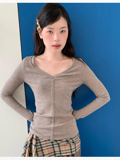 Dorydory Oatmeal V-neck Ribbed Slim Fit Women&