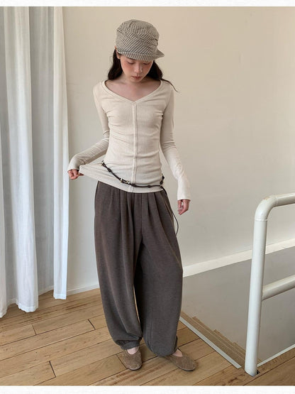 Dorydory Oatmeal V-neck Ribbed Slim Fit Women&