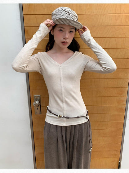 Dorydory Oatmeal V-neck Ribbed Slim Fit Women&