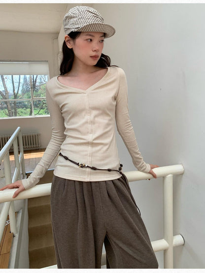 Dorydory Oatmeal V-neck Ribbed Slim Fit Women&