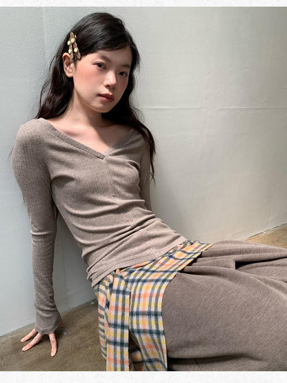Dorydory Oatmeal V-neck Ribbed Slim Fit Women&