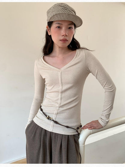 Dorydory Oatmeal V-neck Ribbed Slim Fit Women&