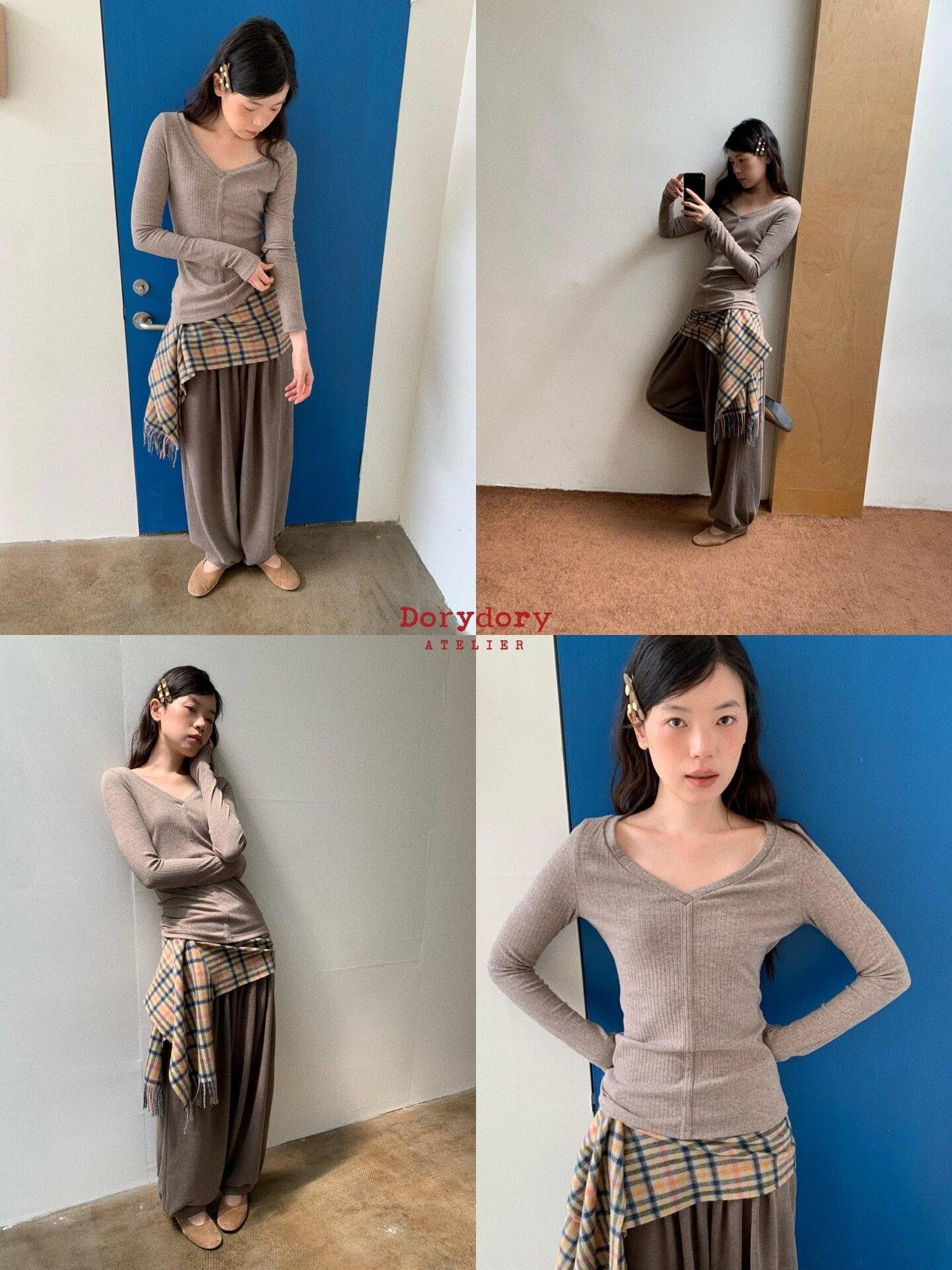 Dorydory Oatmeal V-neck Ribbed Slim Fit Women&
