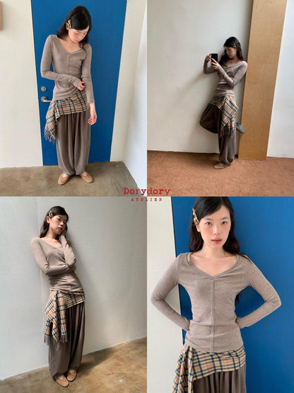 Dorydory Oatmeal V-neck Ribbed Slim Fit Women&