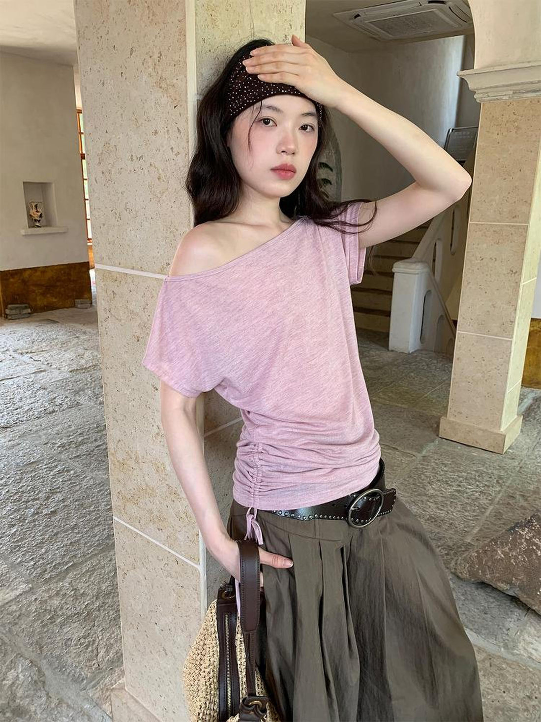 Dorydory Oblique Shoulder Drawstring T-shirt Top