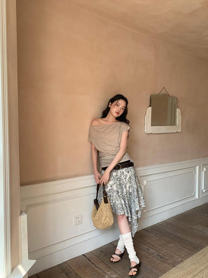 Dorydory Oblique Shoulder Drawstring T-shirt Top