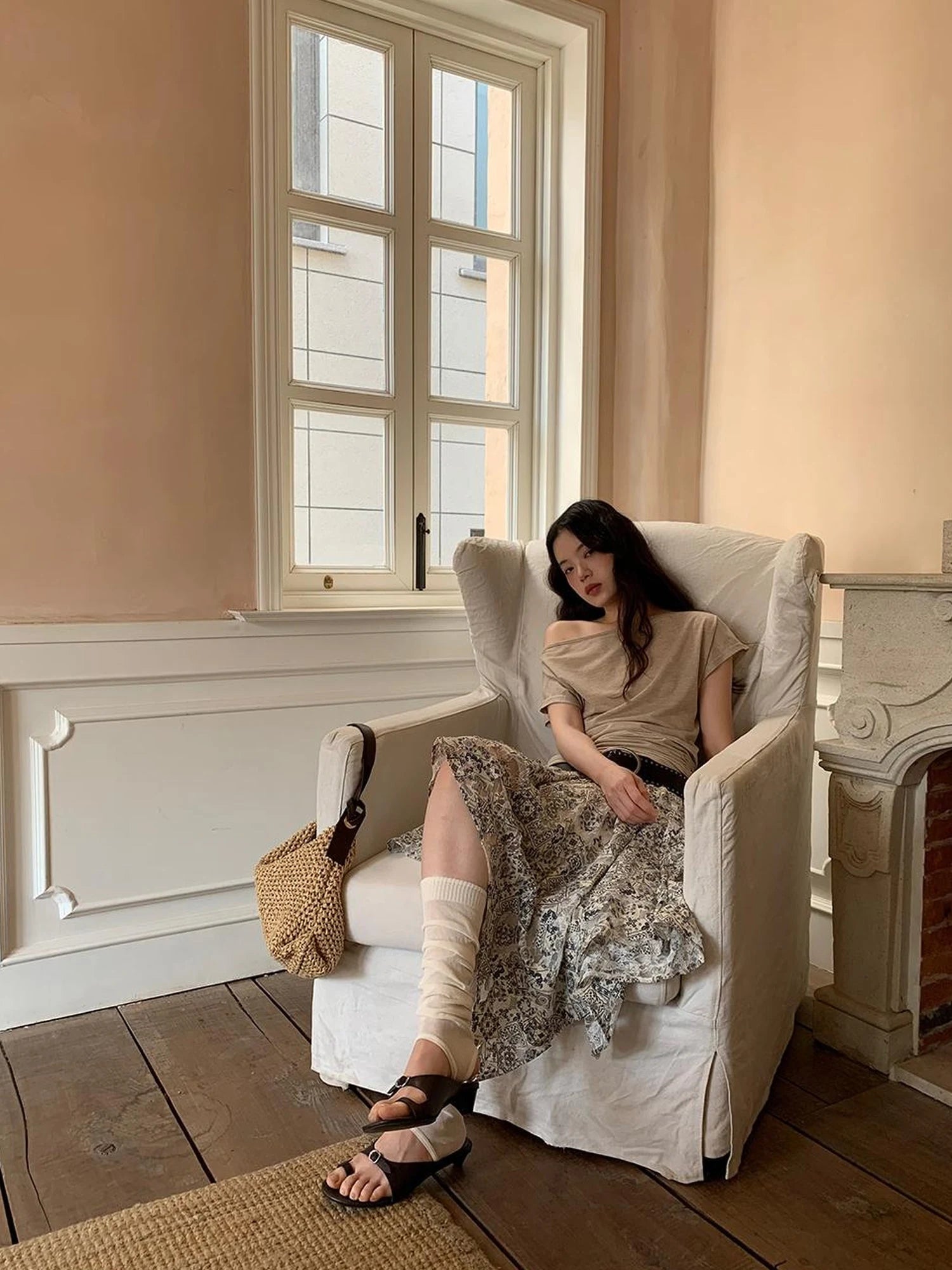 Oblique Shoulder Drawstring T-shirt Top