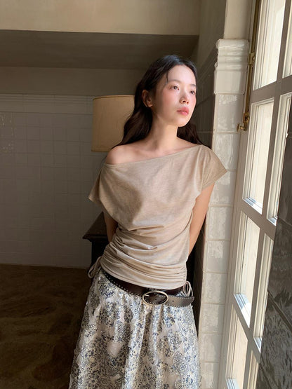 Dorydory Oblique Shoulder Drawstring T-shirt Top