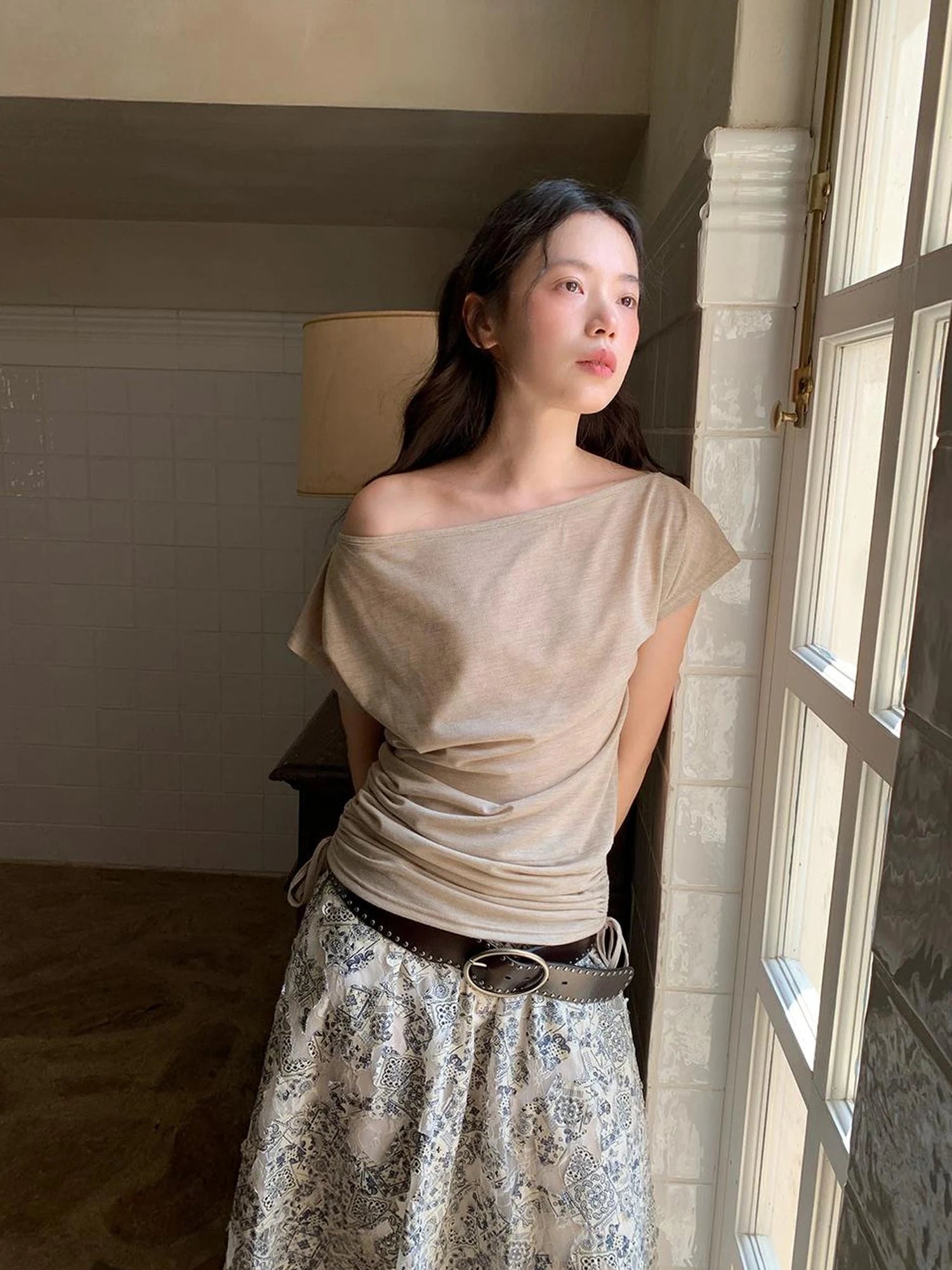 Oblique Shoulder Drawstring T-shirt Top