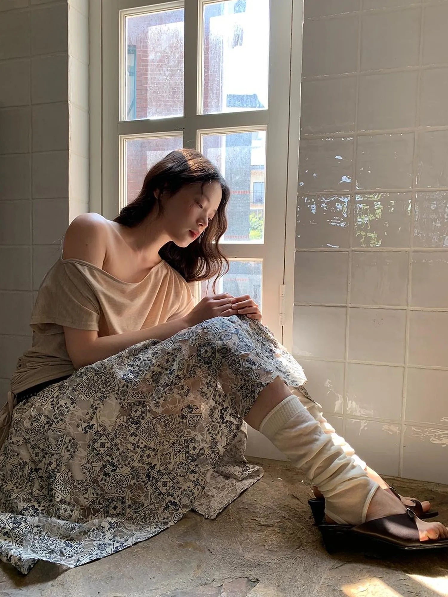 Oblique Shoulder Drawstring T-shirt Top