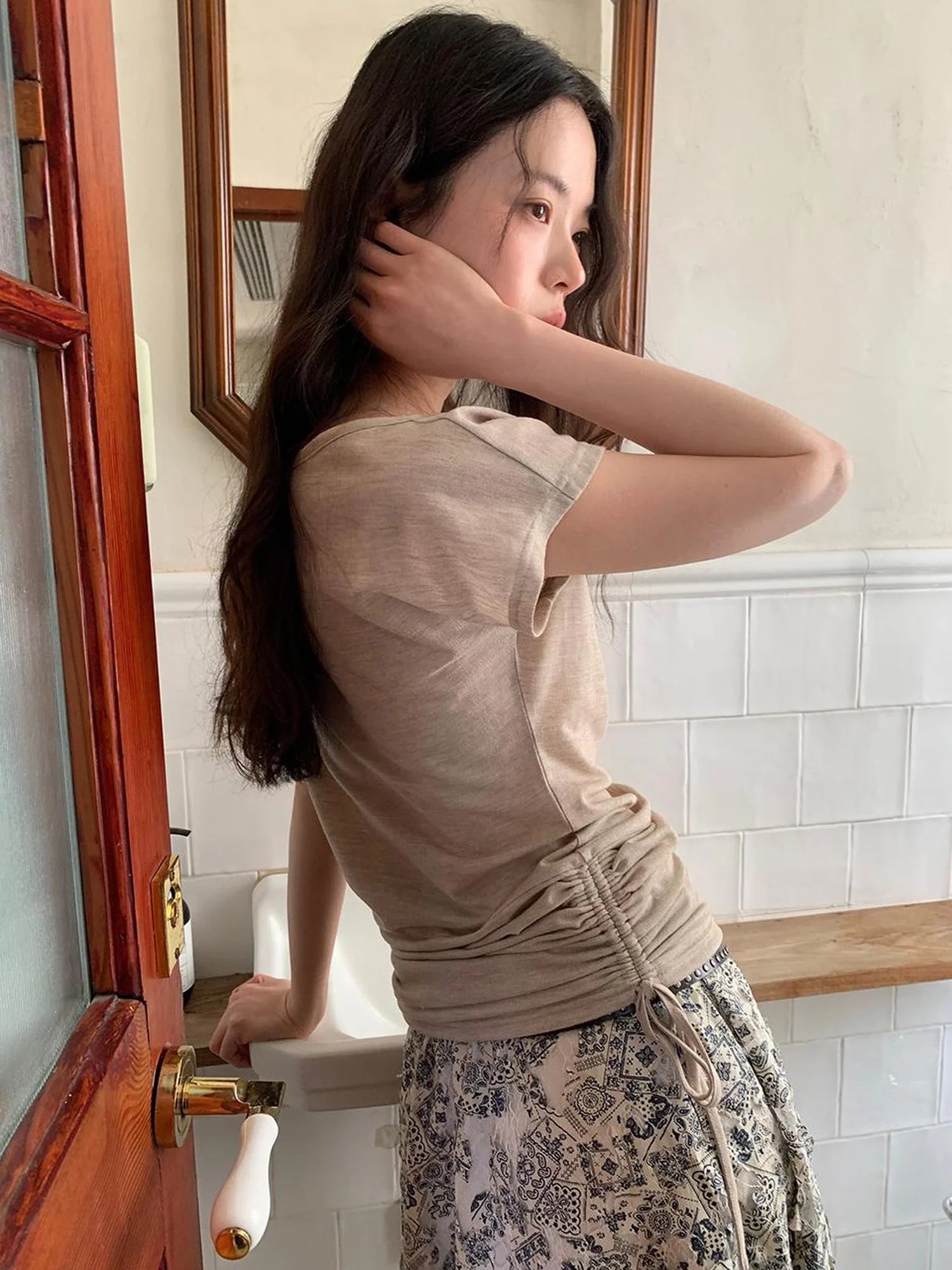 Oblique Shoulder Drawstring T-shirt Top