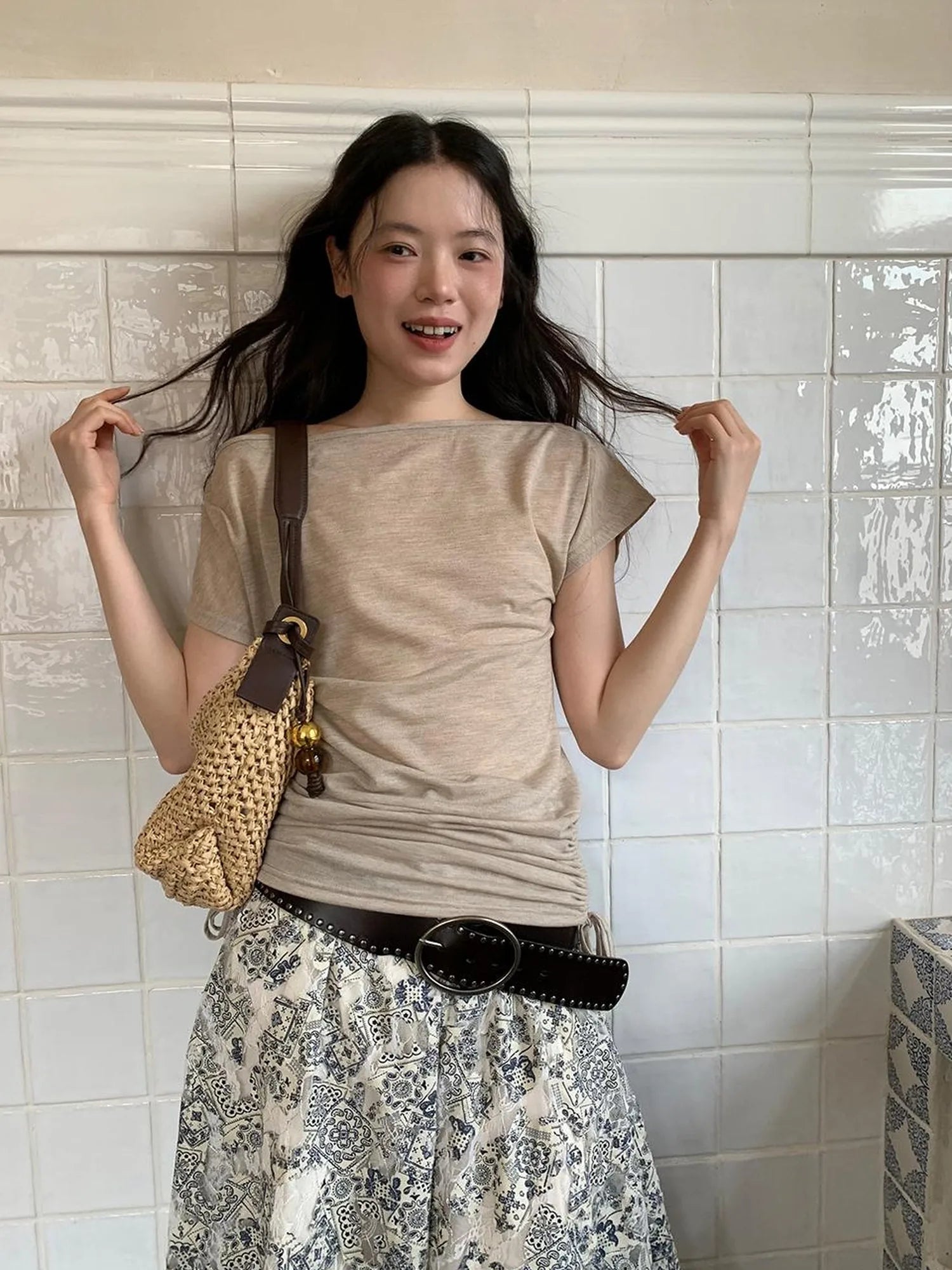 Oblique Shoulder Drawstring T-shirt Top