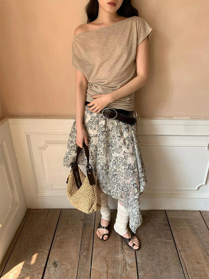 Oblique Shoulder Drawstring T-shirt Top