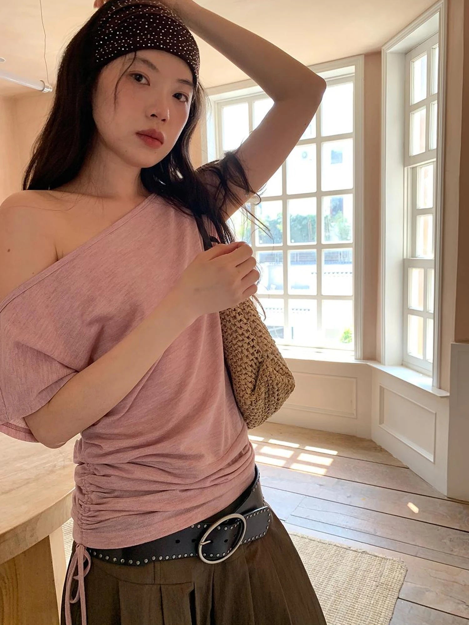 Oblique Shoulder Drawstring T-shirt Top