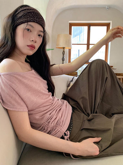 Dorydory Oblique Shoulder Drawstring T-shirt Top