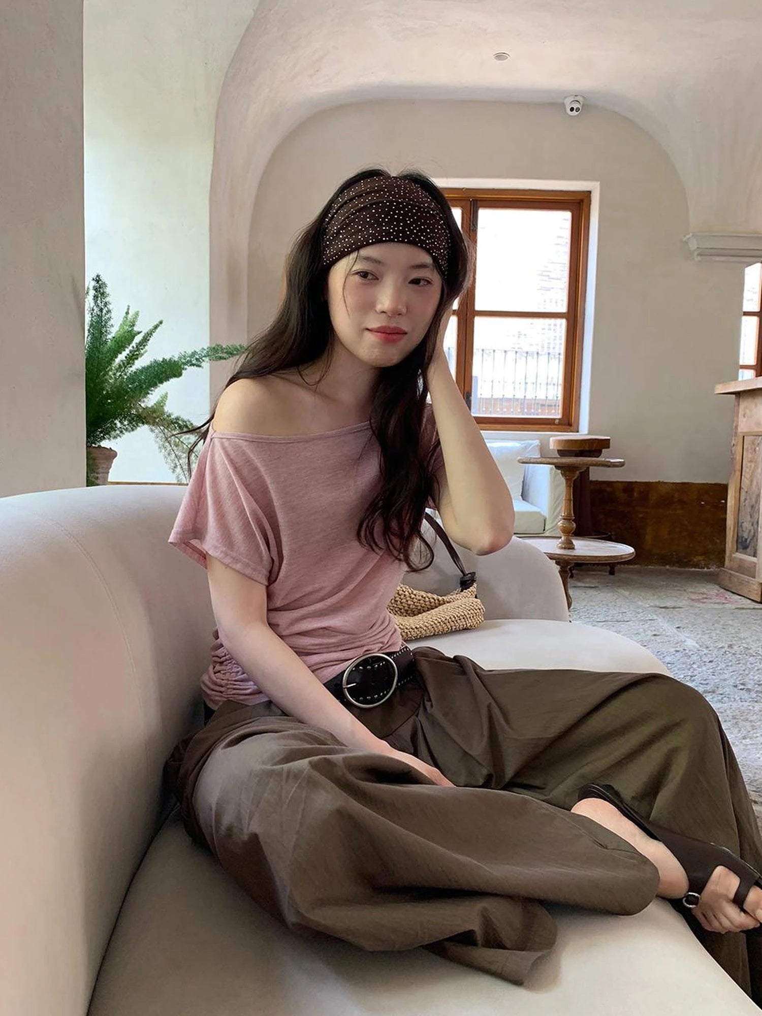 Oblique Shoulder Drawstring T-shirt Top