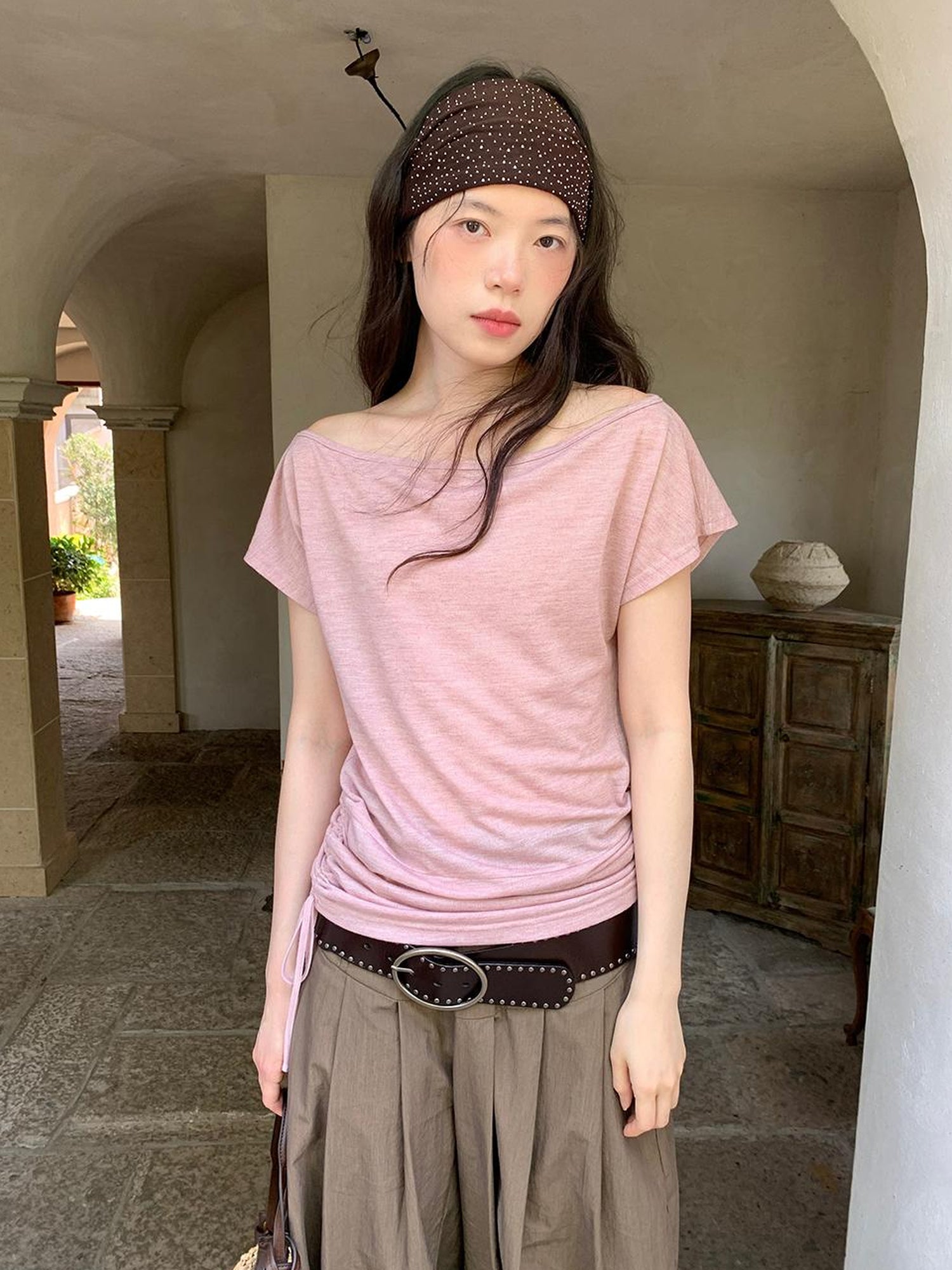 Dorydory Oblique Shoulder Drawstring T-shirt Top