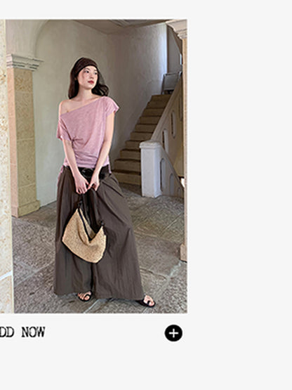 Dorydory Oblique Shoulder Drawstring T-shirt Top