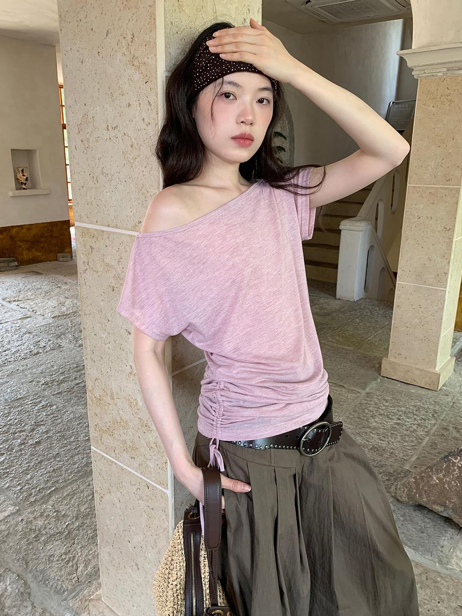Dorydory Oblique Shoulder Drawstring T-shirt Top