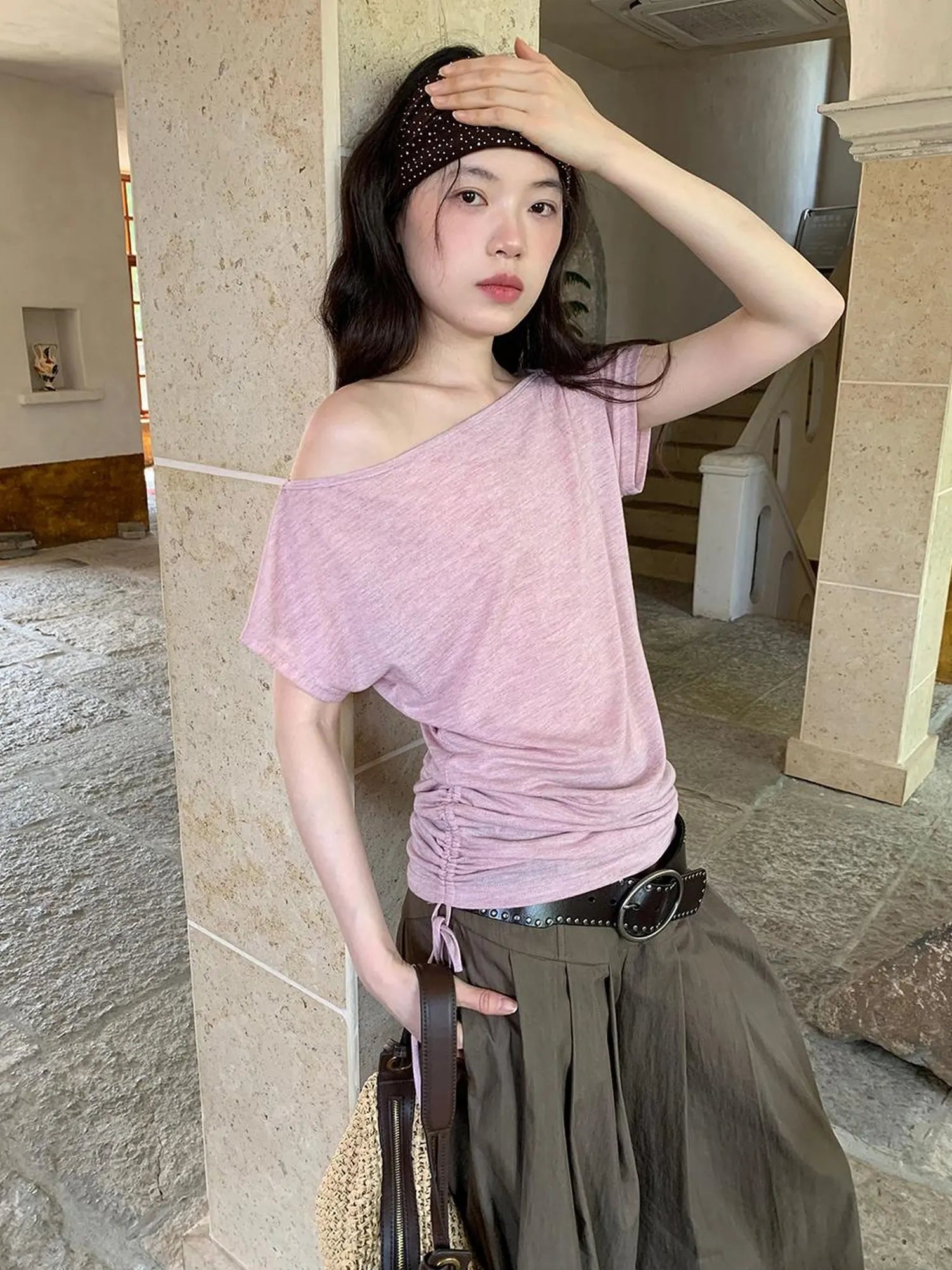 Oblique Shoulder Drawstring T-shirt Top