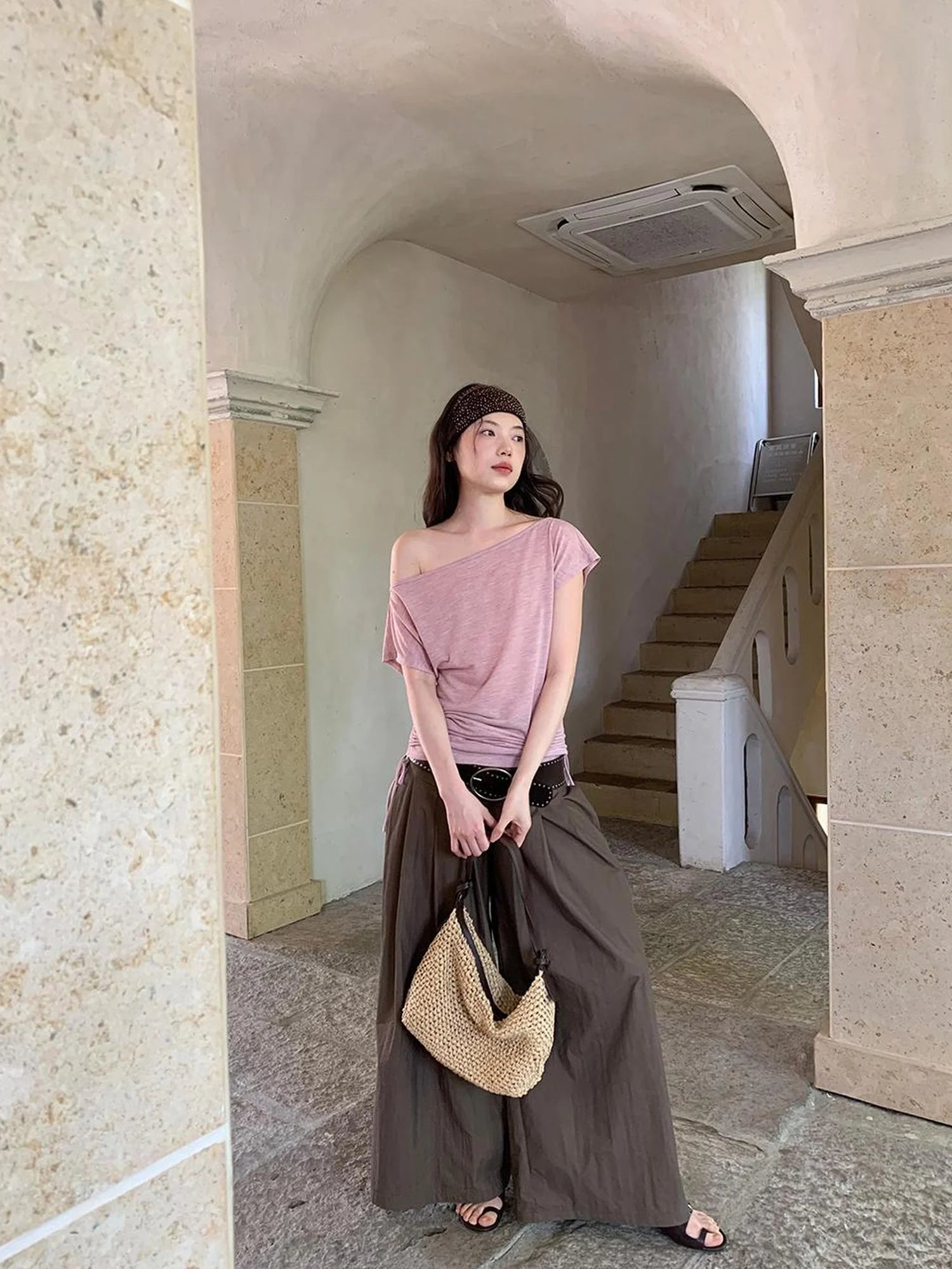 Oblique Shoulder Drawstring T-shirt Top