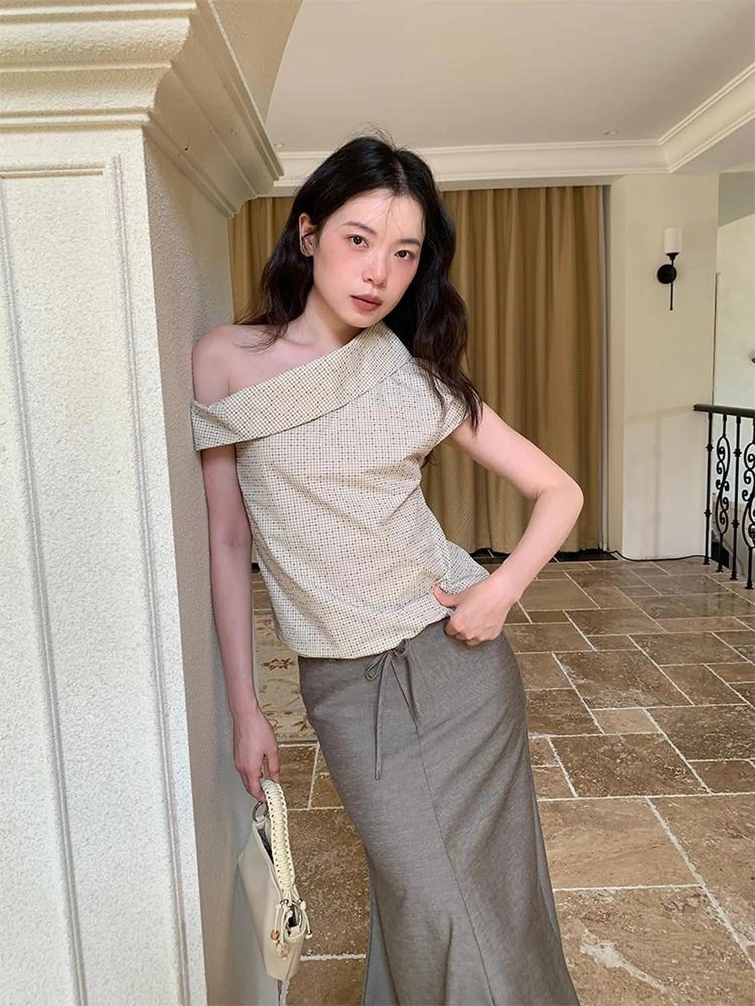 Off Shoulder Gingham Peplum Top With Detachable Sleeve