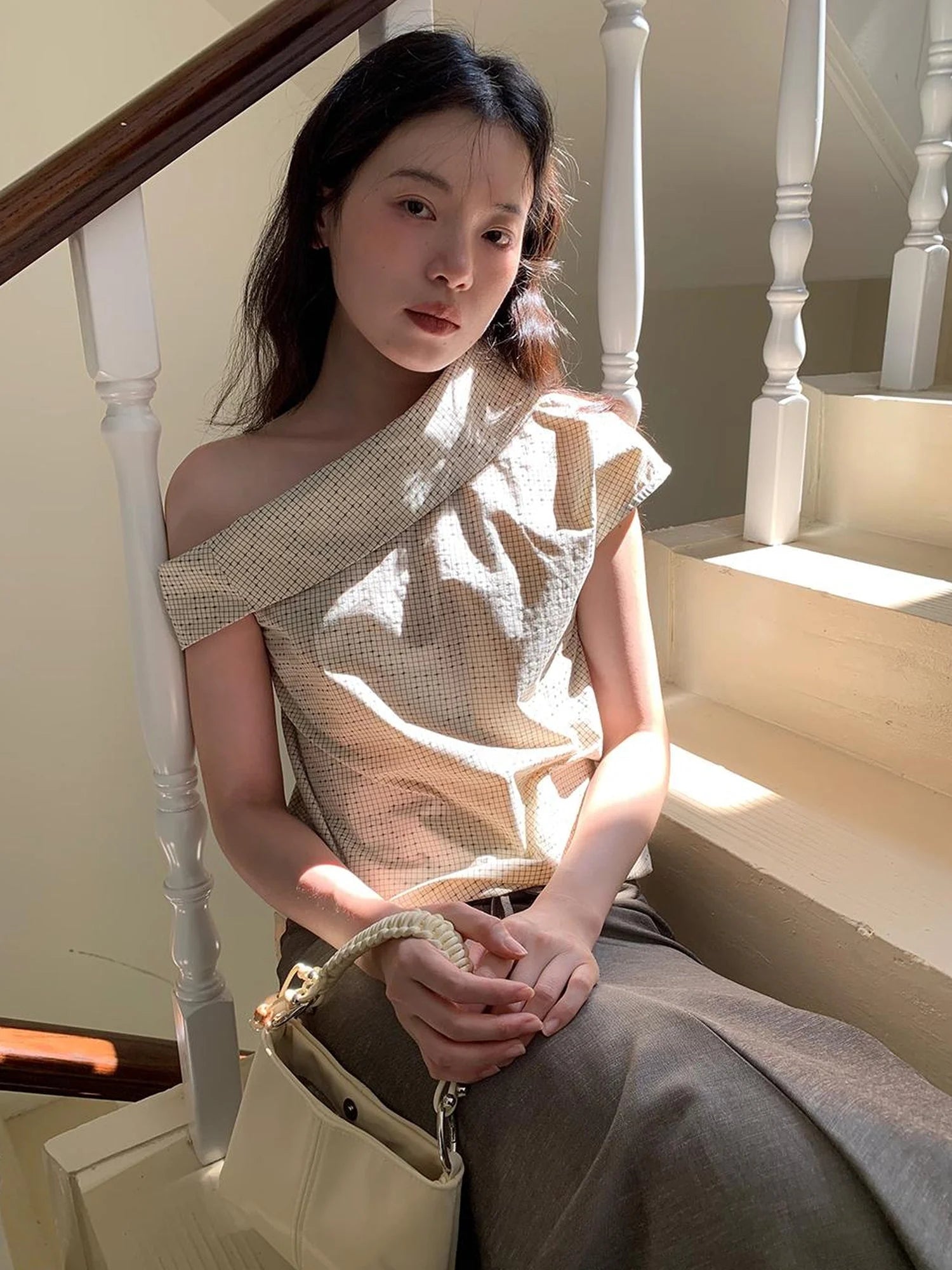 Off Shoulder Gingham Peplum Top With Detachable Sleeve