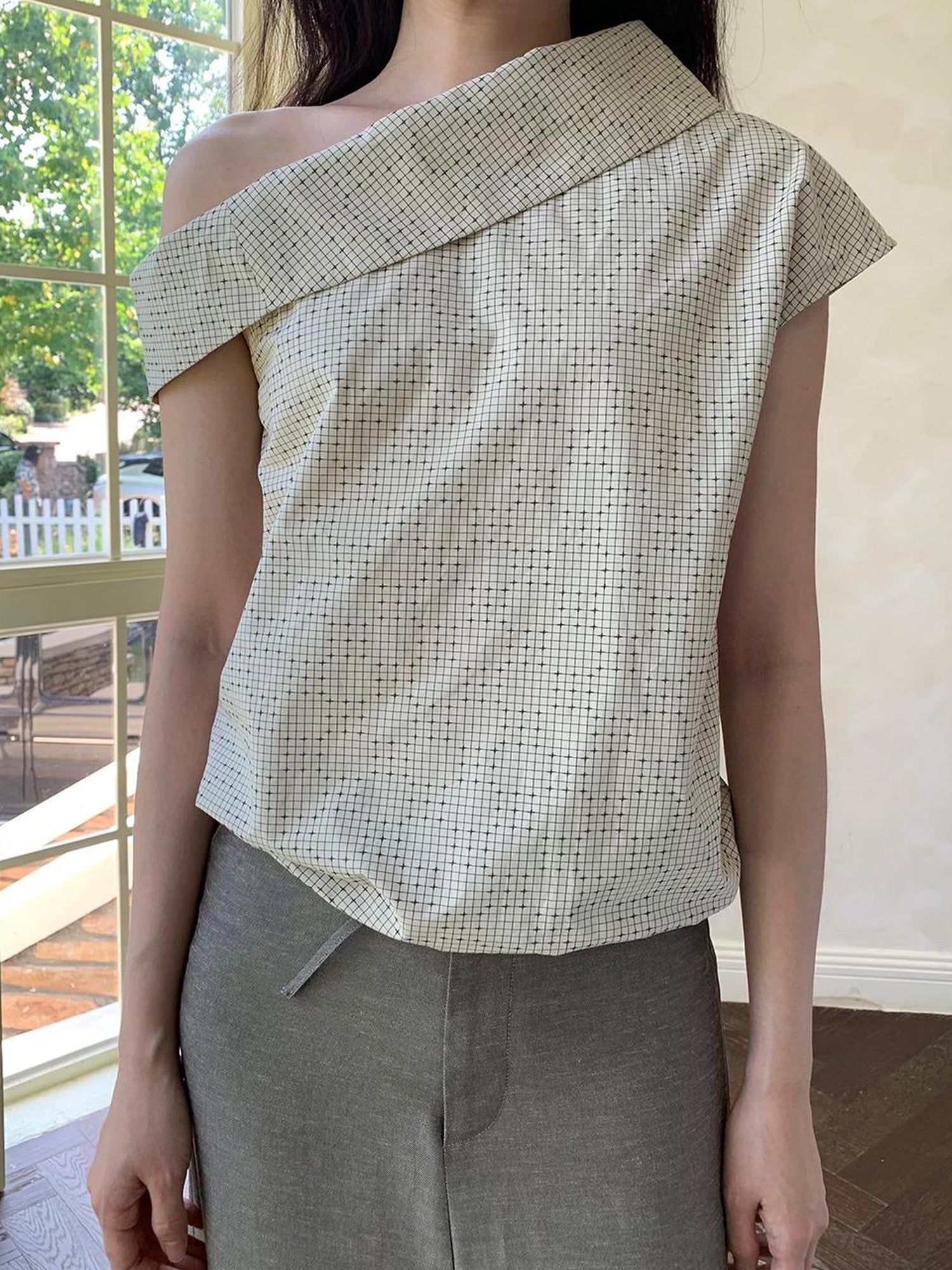 Dorydory Off Shoulder Gingham Peplum Top With Detachable Sleeve