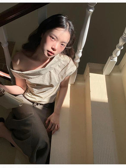 Off Shoulder Gingham Peplum Top With Detachable Sleeve