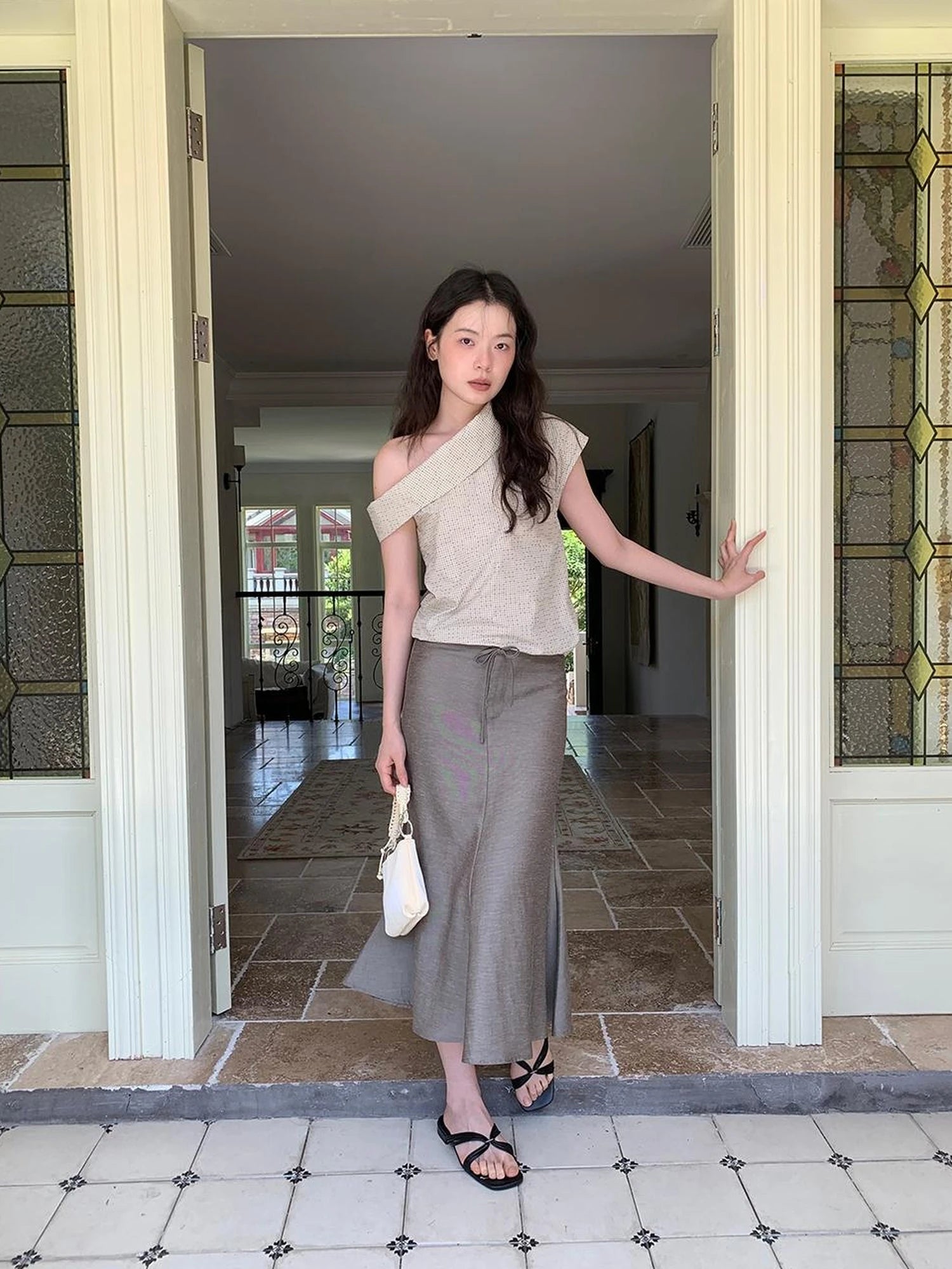 Off Shoulder Gingham Peplum Top With Detachable Sleeve