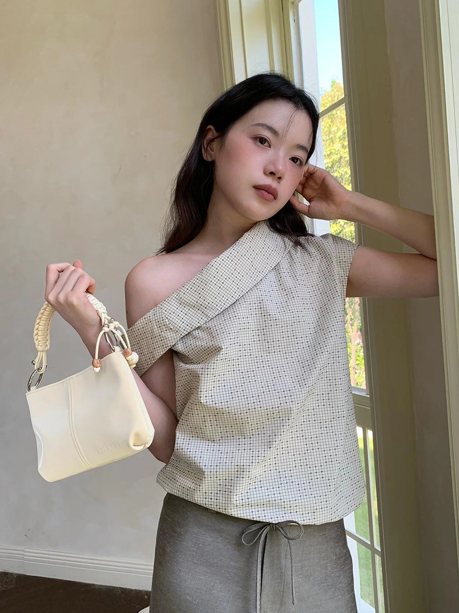 Off Shoulder Gingham Peplum Top With Detachable Sleeve