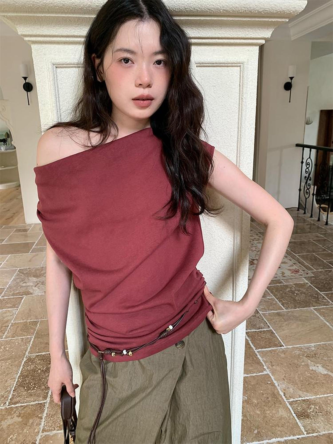 Dorydory Off Shoulder Ruffle Neckline T-shirt In Red