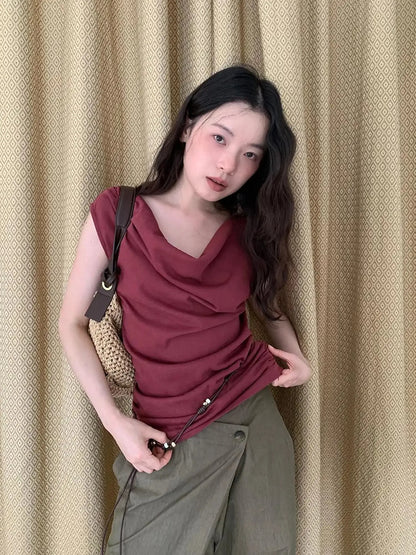 Off Shoulder Ruffle Neckline T-shirt In Red