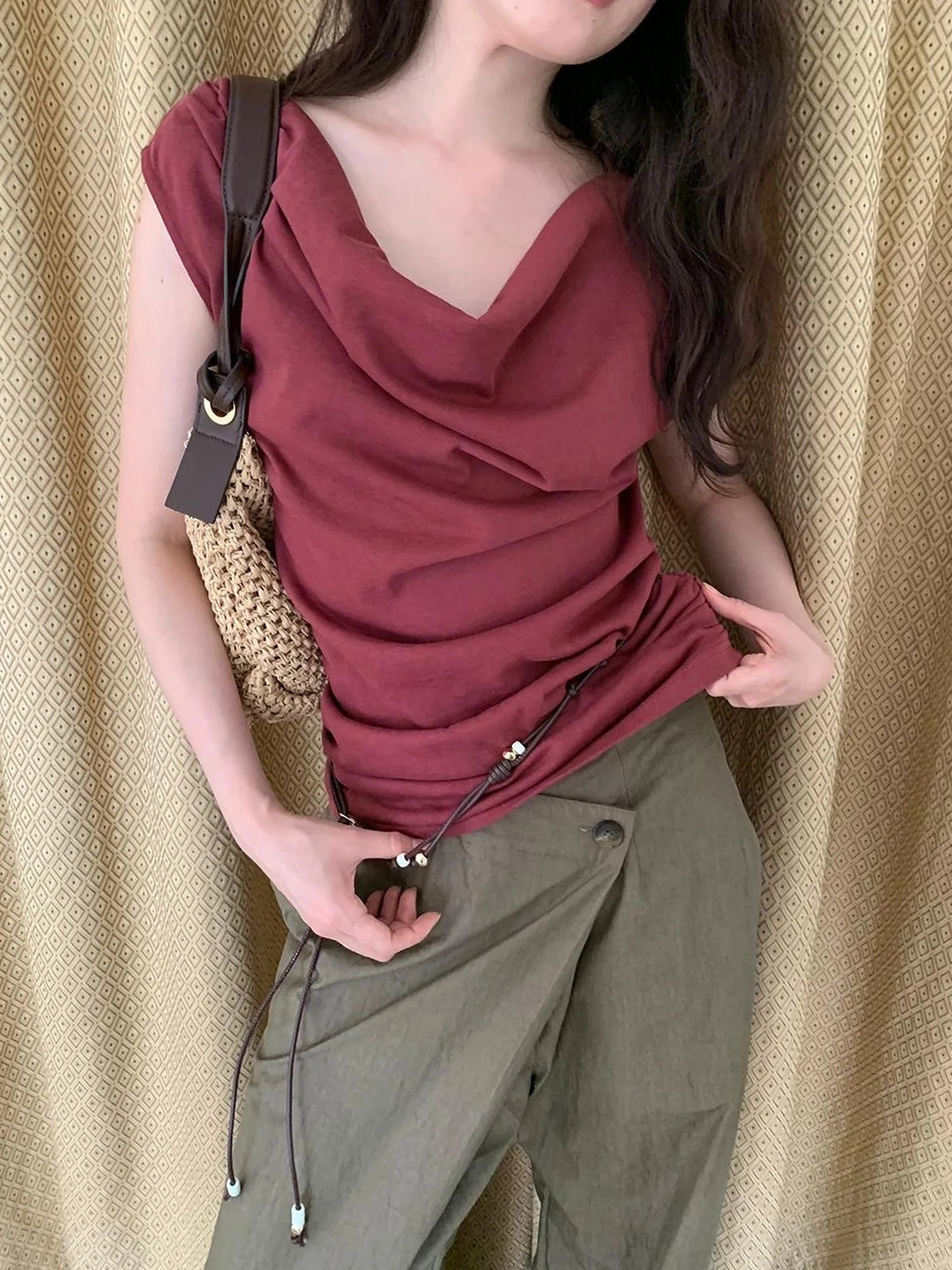 Off Shoulder Ruffle Neckline T-shirt In Red